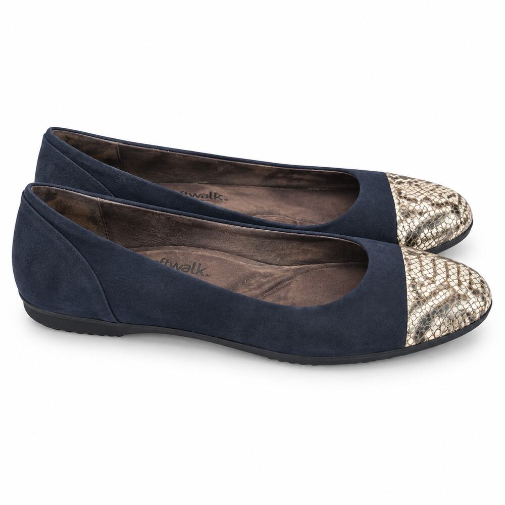 SoftWalk Women’s 7M Navy Suede-Like Flats Snakeskin Cap Toe Comfort Shoes